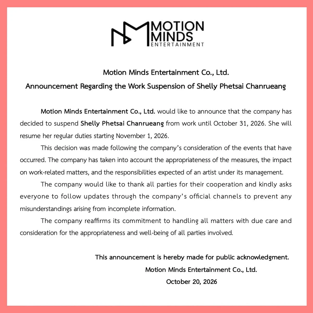 Motion Minds’ October 20 English notice setting Shelly’s November 1 return date